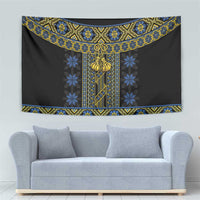 Black traditional tapestry with blue floral motifs, gold central design, and patterned trim