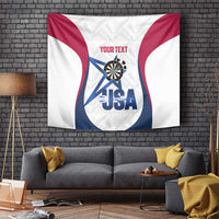 Custom darts tapestry with red-white-blue USA flag curves, dartboard, and “YOUR TEXT”.