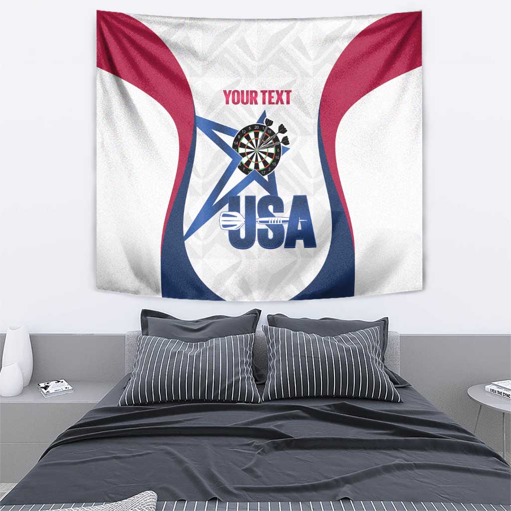 Custom darts tapestry showing dartboard and USA lettering with “YOUR TEXT” at top.