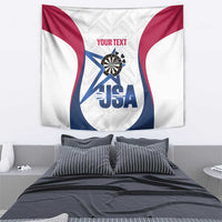 Custom darts tapestry showing dartboard and USA lettering with “YOUR TEXT” at top.