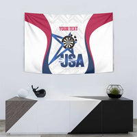 Custom darts tapestry with red and blue flag design, dartboard center, and “YOUR TEXT”.