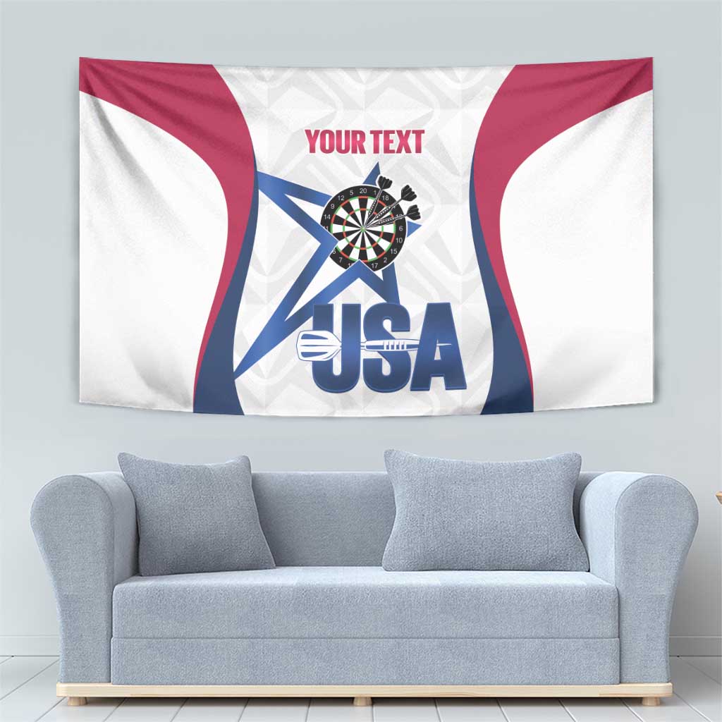 Custom darts tapestry featuring dartboard, USA text, and red-white-blue flag style, “YOUR TEXT”.
