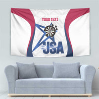 Custom darts tapestry featuring dartboard, USA text, and red-white-blue flag style, “YOUR TEXT”.
