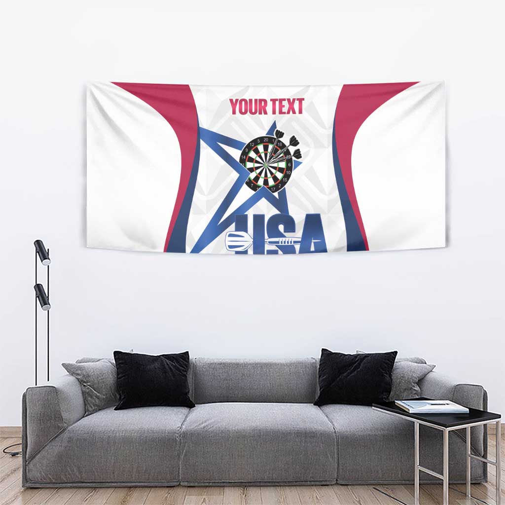 Custom darts tapestry with USA graphic, dartboard, and “YOUR TEXT” on a white background.