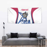 Custom darts tapestry with USA graphic, dartboard, and “YOUR TEXT” on a white background.