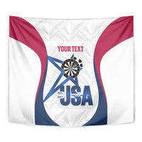 Close-up custom darts tapestry with dartboard, USA lettering, and “YOUR TEXT” above.