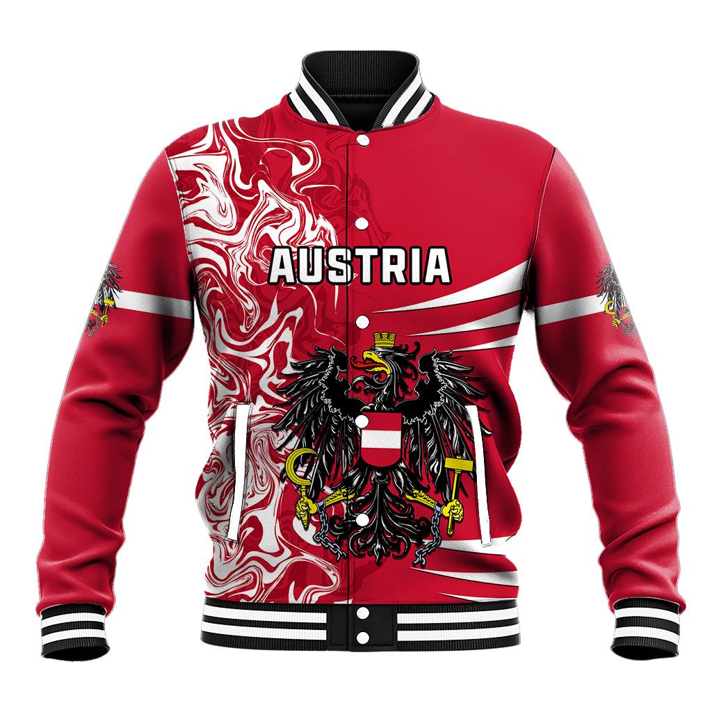 Red varsity baseball jacket with black-and-white striped collar and AUSTRIA crest front