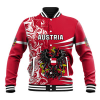 Red varsity baseball jacket with black-and-white striped collar and AUSTRIA crest front