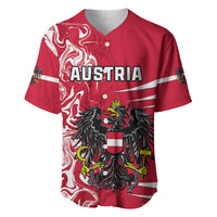 Red baseball jersey with V-neck, white stripes, Austria text and coat of arms graphic