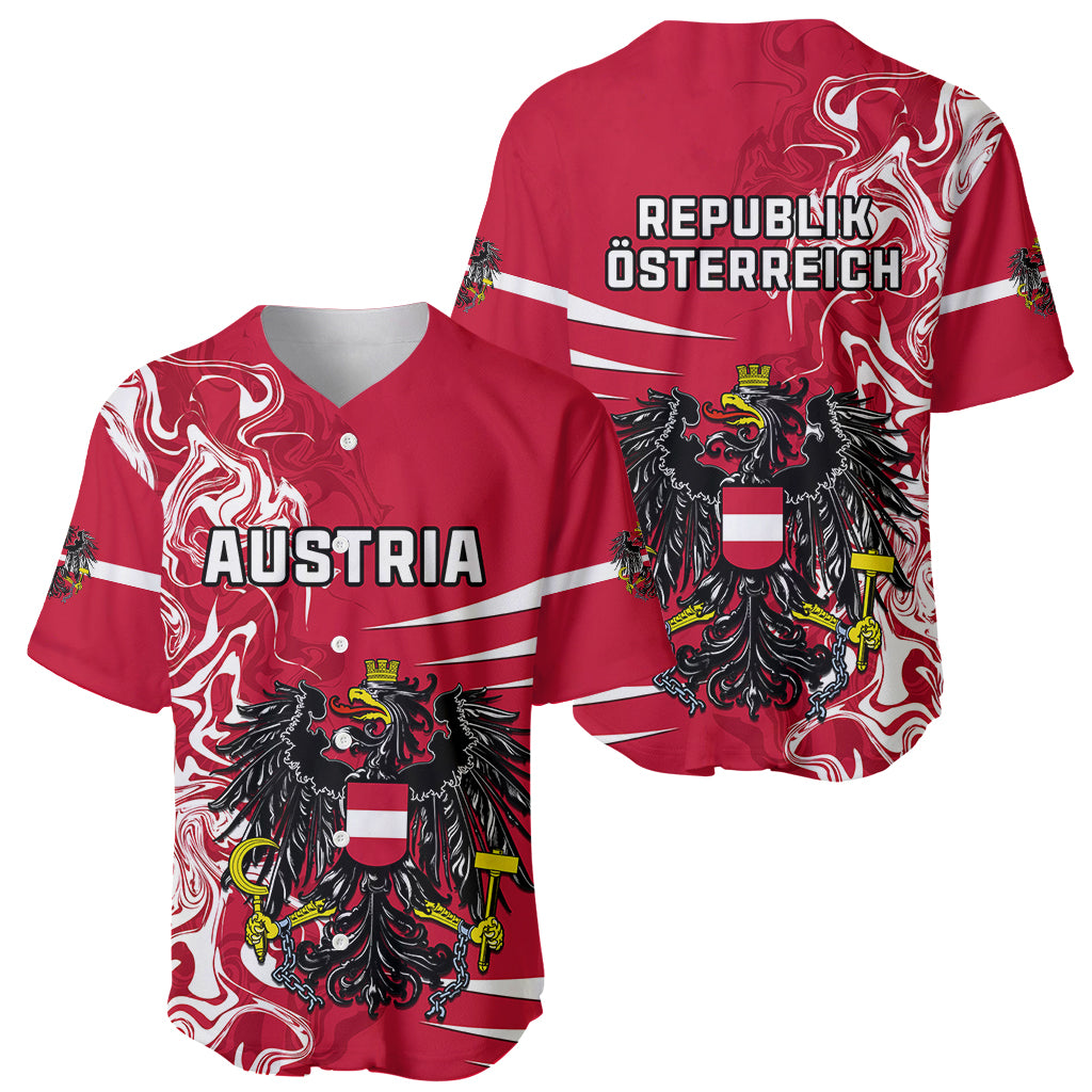 Red baseball jersey set, front Austria and back Republik Osterreich with coat of arms