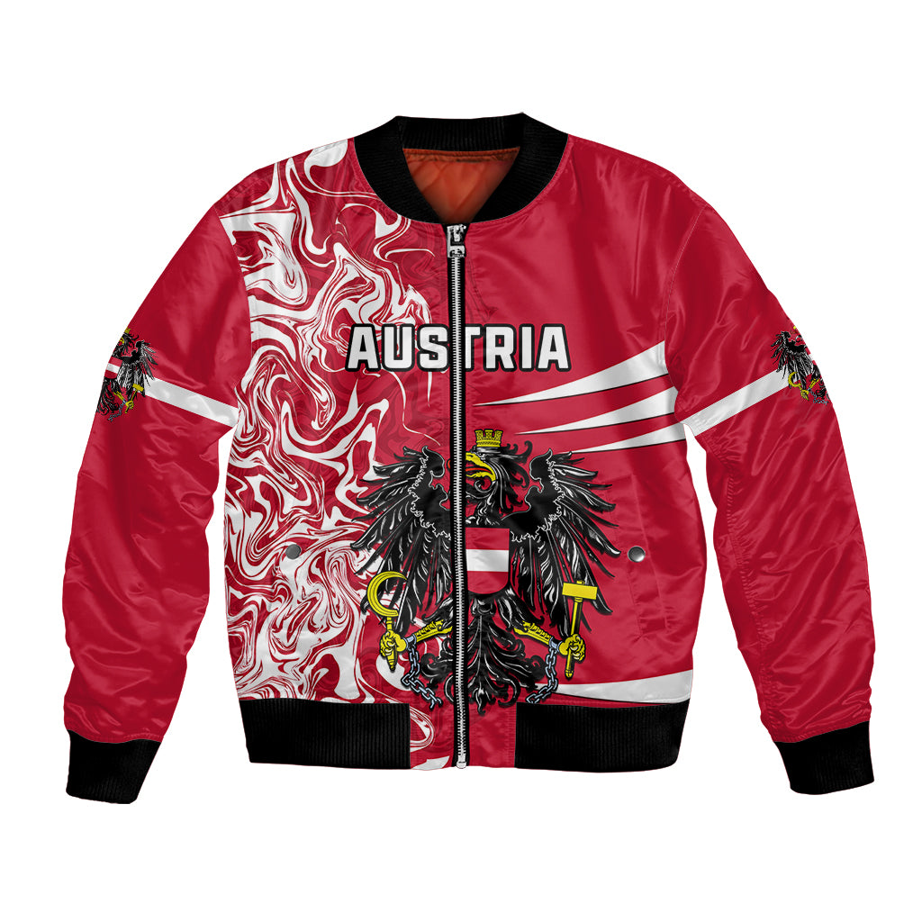 Red bomber jacket with front zipper, Austria text, crest and winged eagle graphic