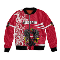 Red bomber jacket with front zipper, Austria text, crest and winged eagle graphic