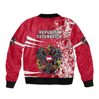 Red bomber jacket with ribbed hem and collar, Republik Osterreich text and crest graphic