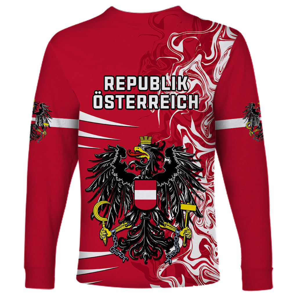 Red long sleeve shirt with Austrian coat of arms graphic and text