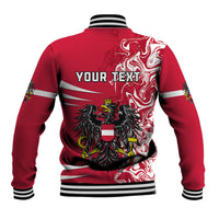 Red baseball jacket with striped ribbed collar and back crest graphic, YOUR TEXT