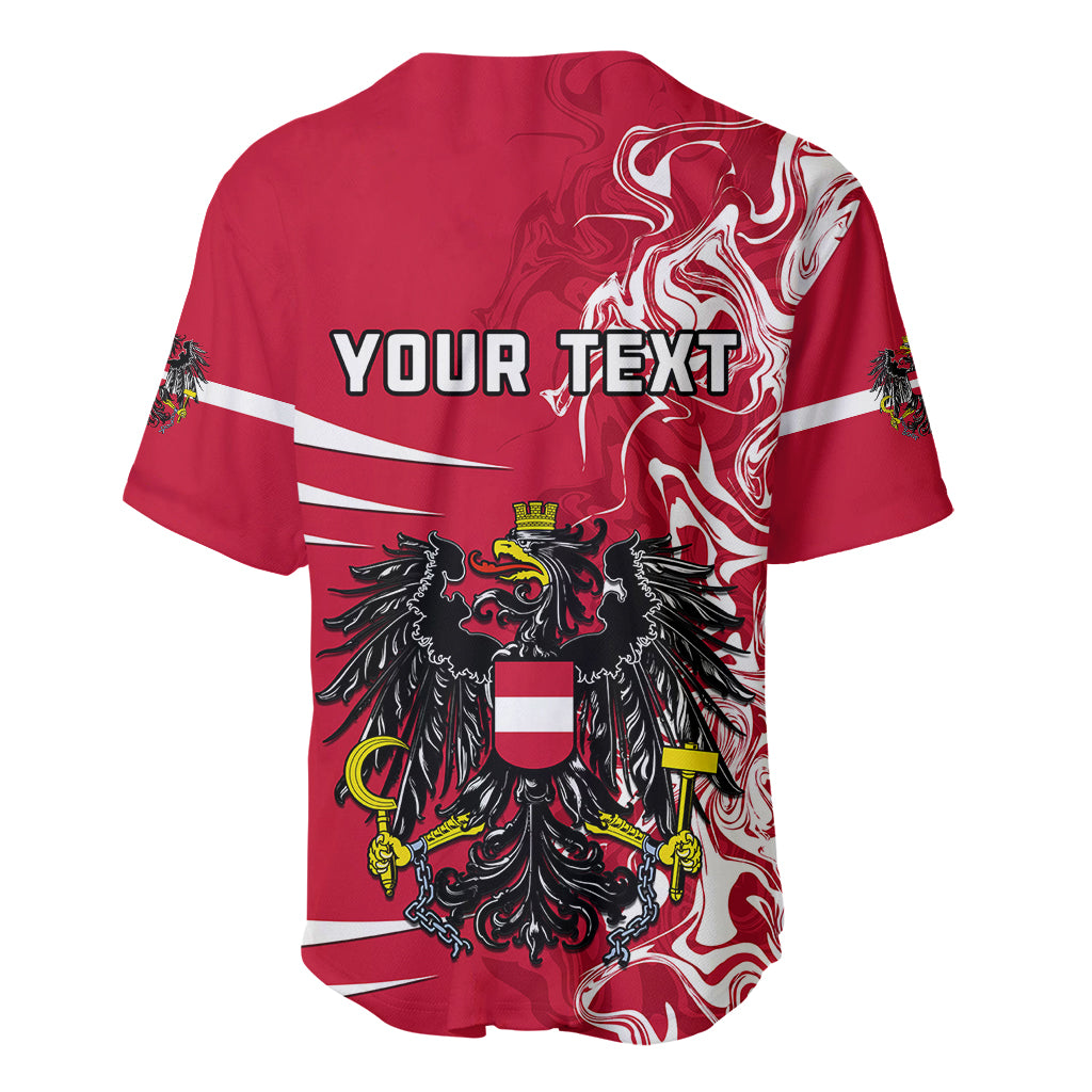 Red baseball jersey back with YOUR TEXT and Austrian coat of arms graphic.