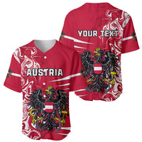 Red baseball jerseys showing AUSTRIA front and YOUR TEXT back with coat of arms.