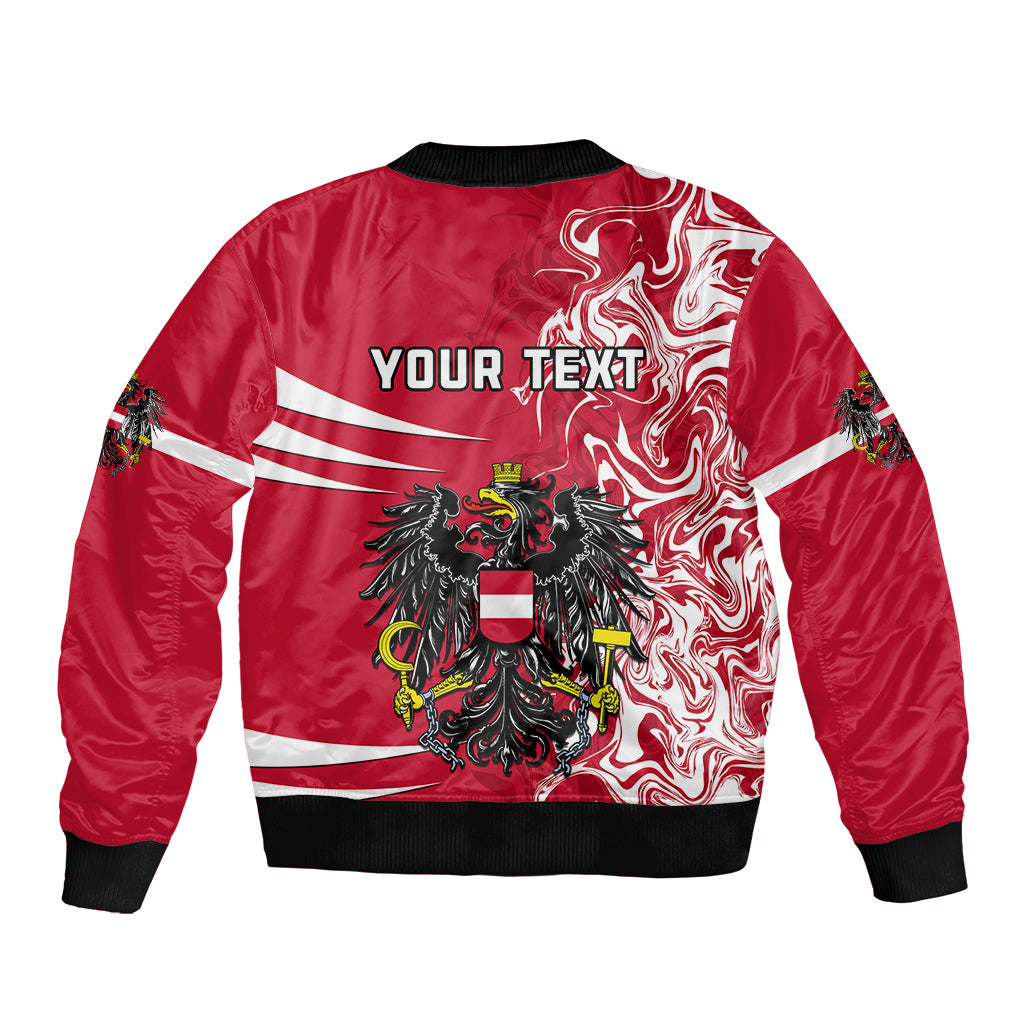 Red bomber jacket back with YOUR TEXT and eagle coat-of-arms, black rib trim