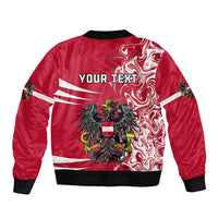 Red bomber jacket back with YOUR TEXT and eagle coat-of-arms, black rib trim