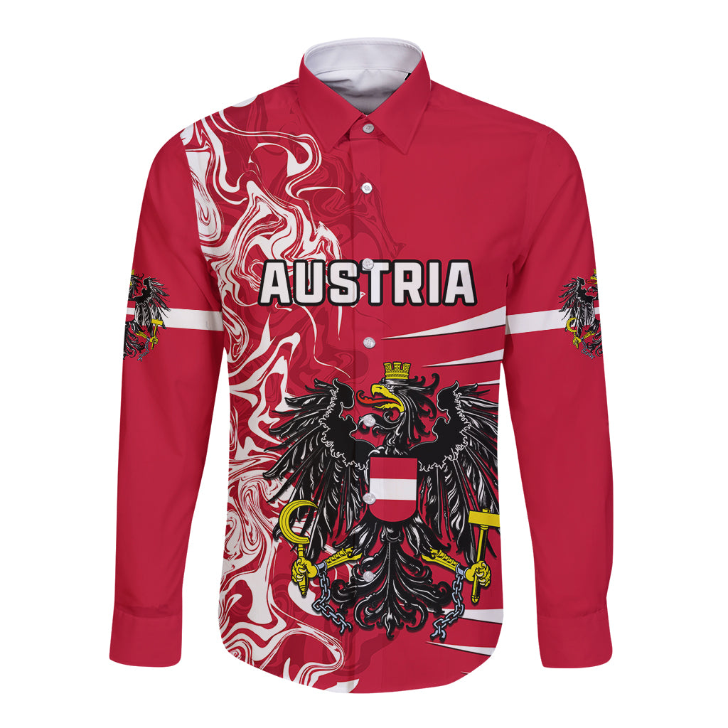 Red long-sleeve button shirt with front crest graphic and Austria lettering