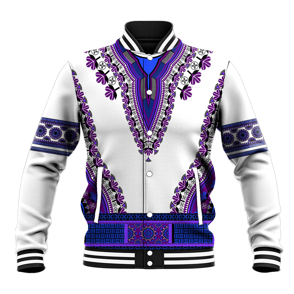 Baseball jacket with white body, purple dashiki-style embroidery, striped ribbed collar