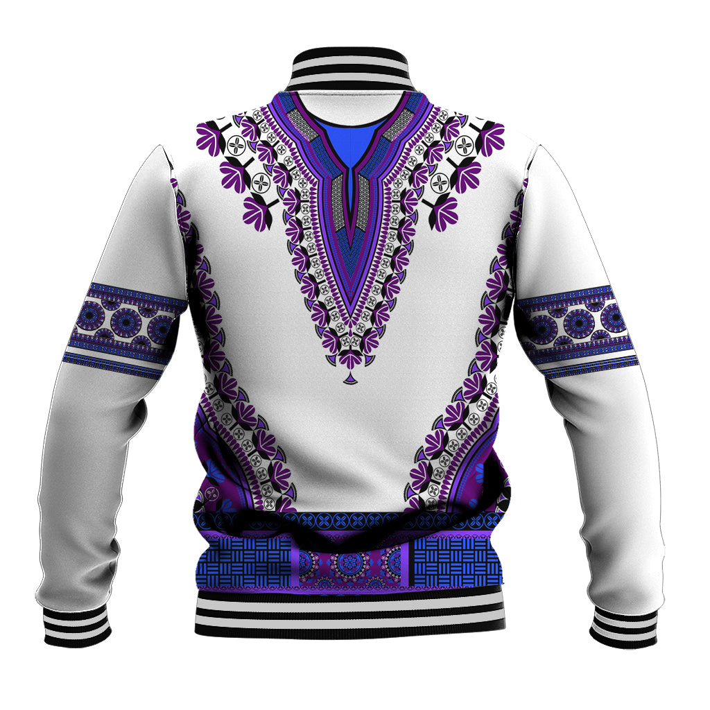 Baseball jacket with purple geometric band at hem and cuffs, V-neck dashiki embroidery