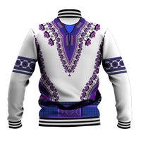 Baseball jacket with purple geometric band at hem and cuffs, V-neck dashiki embroidery