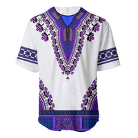 Men's white baseball jersey with purple and blue dashiki neckline and short sleeves