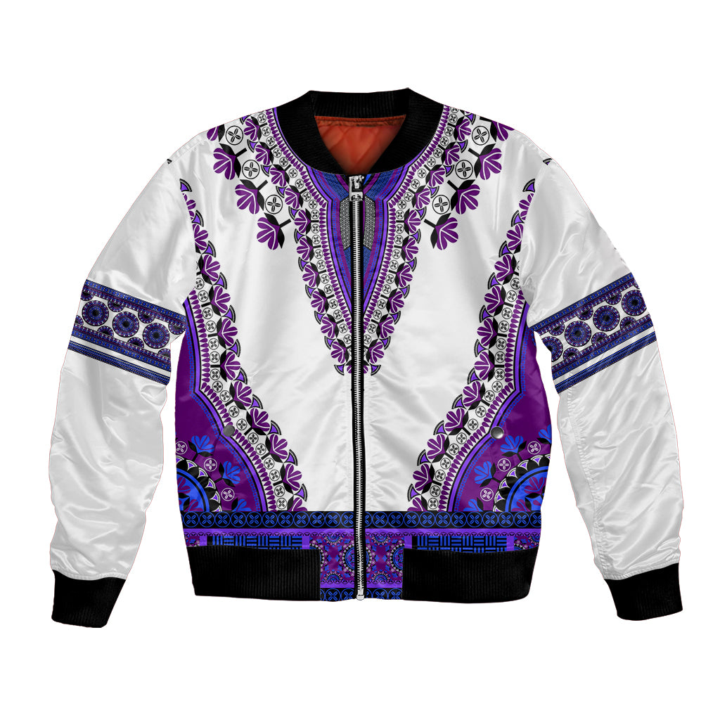 Purple and white dashiki-style bomber jacket with central zipper and black ribbed cuffs