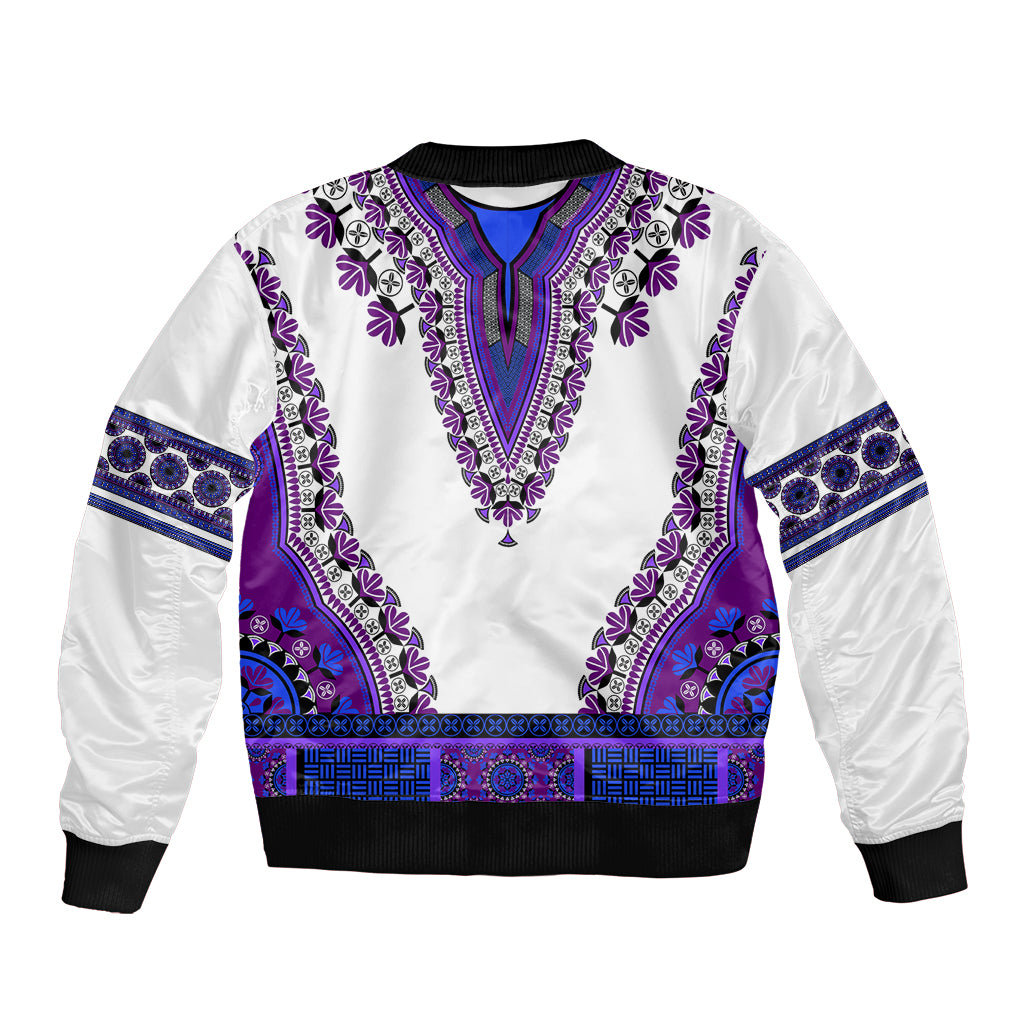 Dashiki-pattern bomber jacket in white with purple trim, zipper front, black ribbed hem