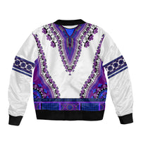 Dashiki-pattern bomber jacket in white with purple trim, zipper front, black ribbed hem
