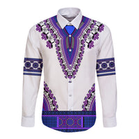 Long-sleeve button shirt with white base and purple-blue dashiki embroidery front