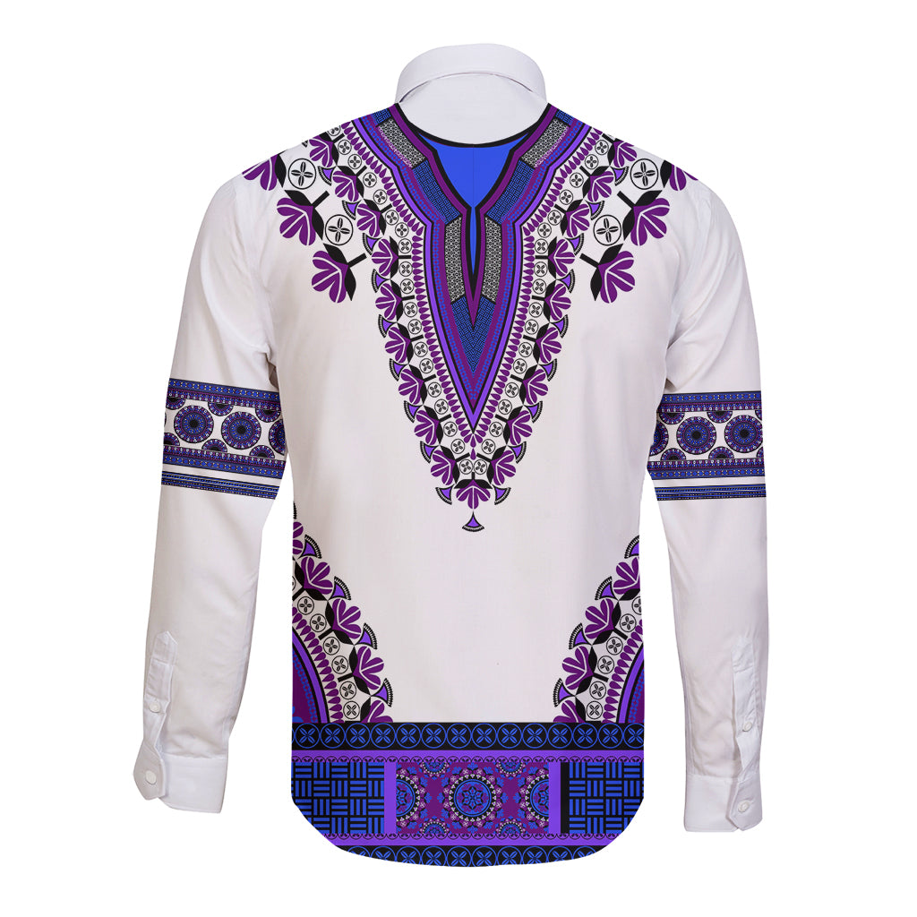 Long-sleeve button shirt, white with purple-blue V yoke and geometric hem band