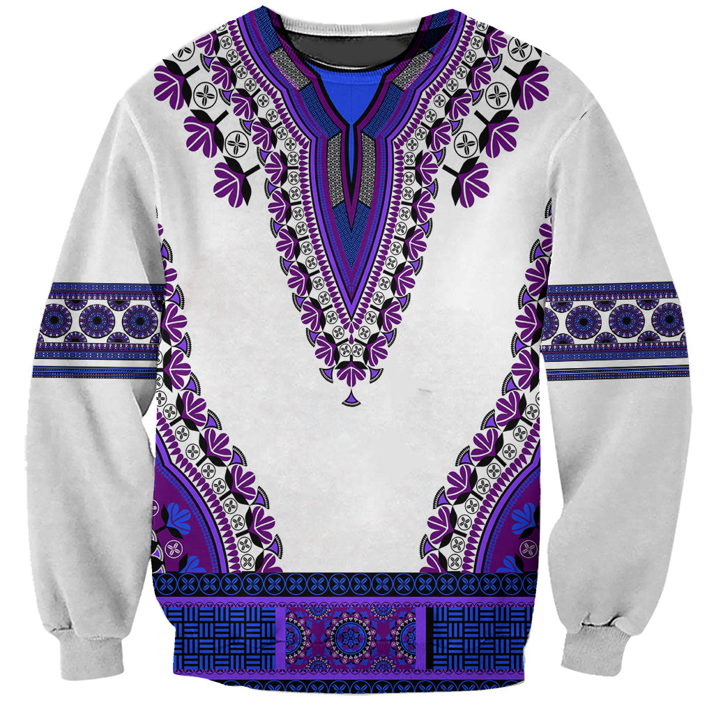 Unisex crewneck sweatshirt with white base and royal purple dashiki-style geometric trim