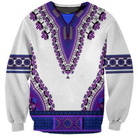 Unisex crewneck sweatshirt with white base and royal purple dashiki-style geometric trim