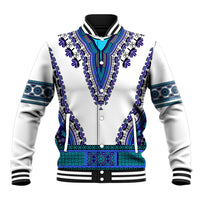 Unisex baseball jacket, white with royal blue dashiki-style front yoke and trim