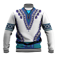 Unisex baseball jacket with white body, royal blue dashiki-style V yoke and sleeve cuffs