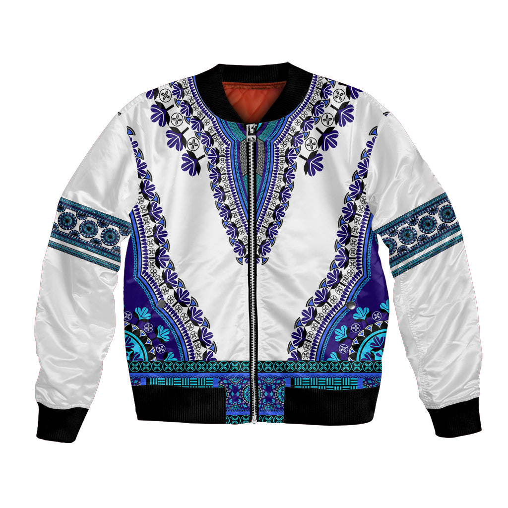 Unisex bomber jacket, white with blue/purple dashiki embroidery, zip front, ribbed cuffs