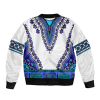 Unisex bomber jacket, white base with blue patterned yoke and trim, ribbed hem