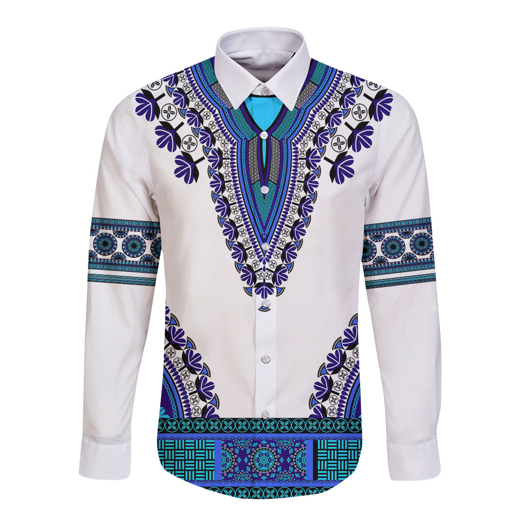Long sleeve dashiki button shirt with white base and blue-purple geometric embroidery