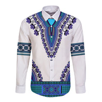 Long sleeve dashiki button shirt with white base and blue-purple geometric embroidery