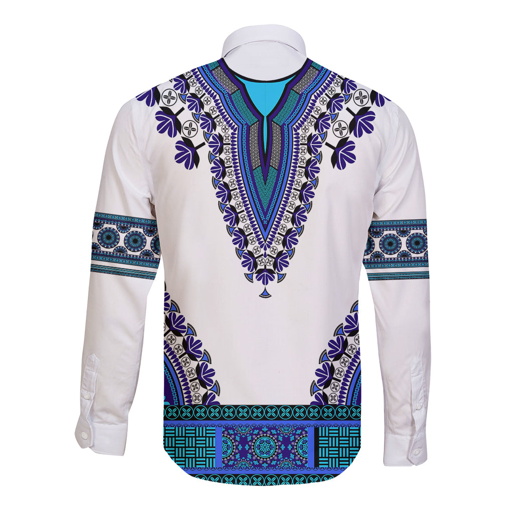 Long sleeve dashiki button shirt, white with blue and purple patterned yoke details