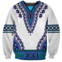 Unisex sweatshirt, light gray with royal blue dashiki pattern and crew neck detail.