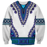 Unisex sweatshirt, light gray with royal blue dashiki border print, long sleeves.