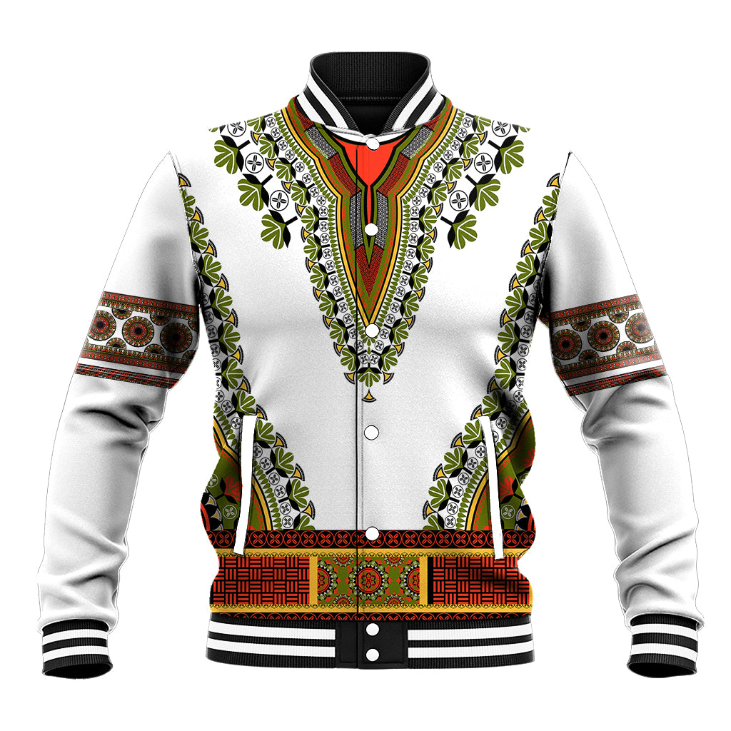 White varsity baseball jacket with multicolor African dashiki embroidery, snap front