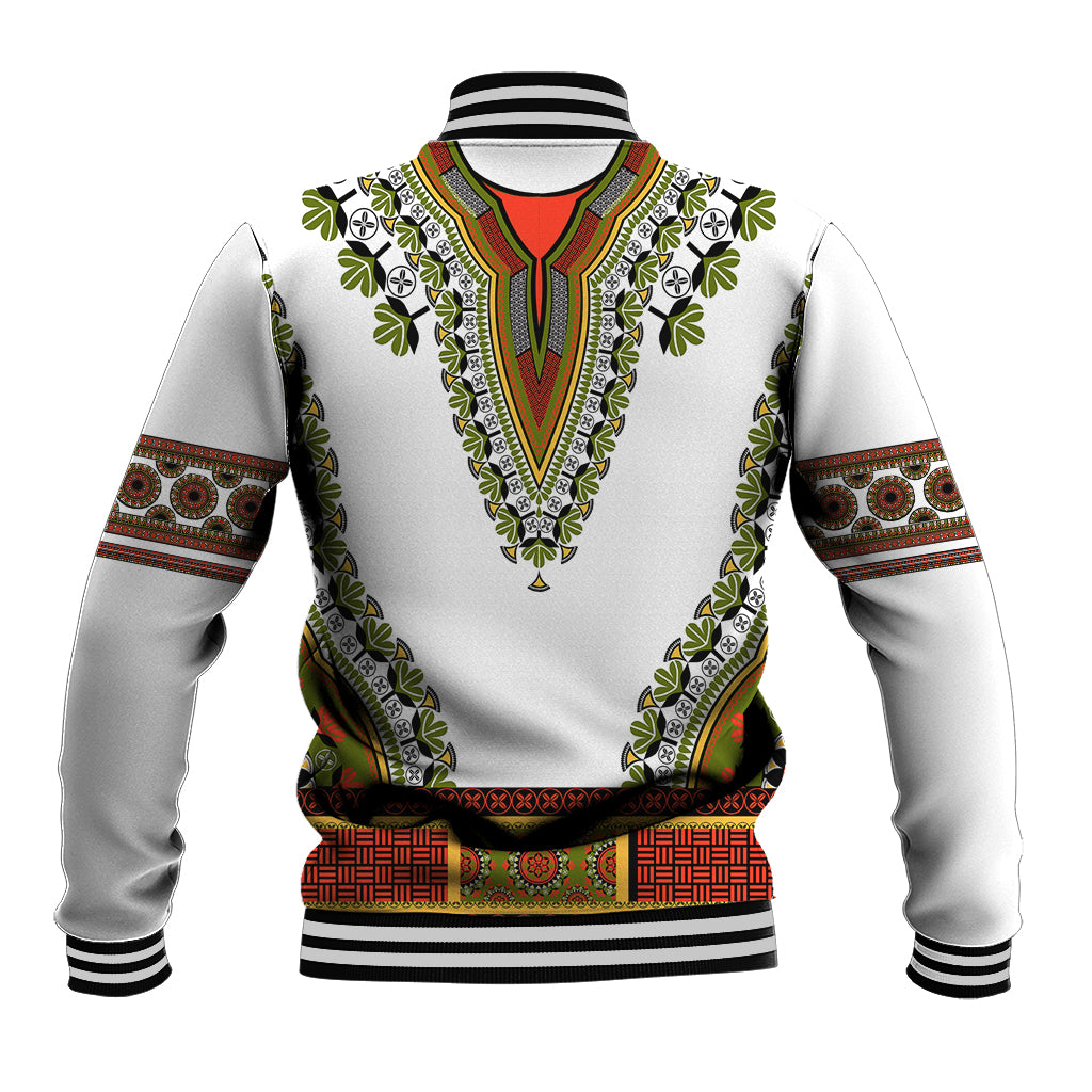 White baseball jacket with multicolor dashiki-style yoke, ribbed collar and striped cuffs
