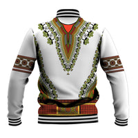 White baseball jacket with multicolor dashiki-style yoke, ribbed collar and striped cuffs