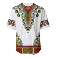 White baseball jersey front with green leaf dashiki trim, red neckline, short sleeves