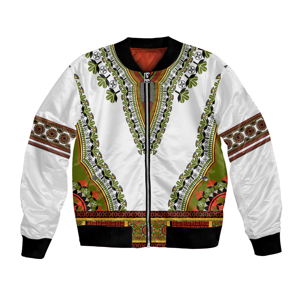 Unisex bomber jacket with black ribbed cuffs and hem, white with gold dashiki-style embroidery