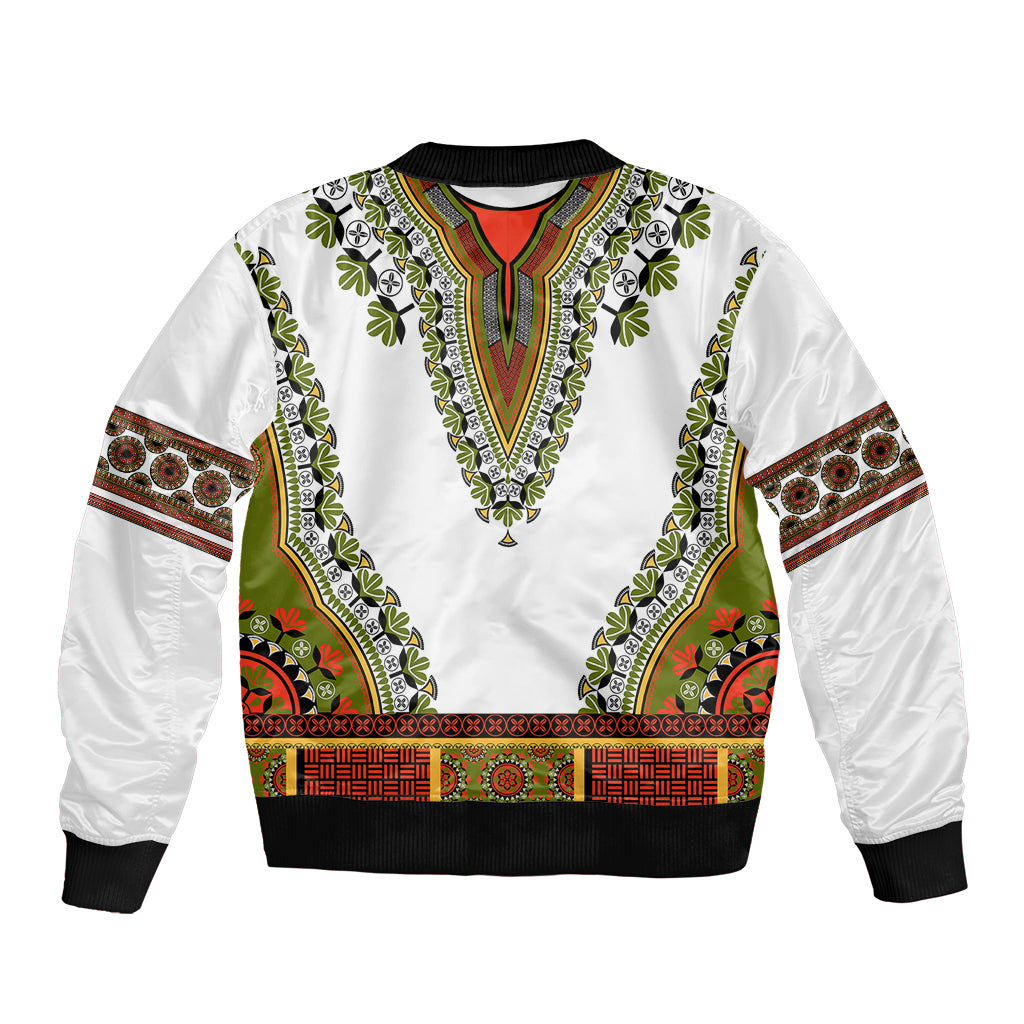 Unisex bomber jacket, white with ornate dashiki V-neck placket and colorful stripes, black trim
